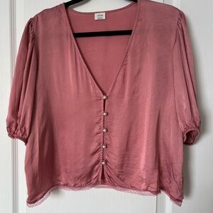 Aritzia Wilfred Bria V-Neck Blouse with Pearl Buttons in Wild Pink